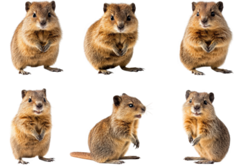 six adorable patagonian mara standing on their hind legs. looking cute and curious. isolated on a transparent background they are arranged in two rows of three. with different poses and expressions