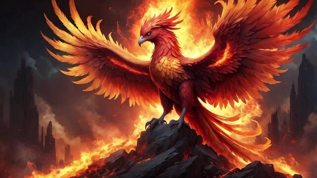 Mythical phoenix rising from the flames, vibrant colors, fantasy illustration, creature design