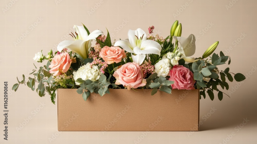 Aufkleber Fresh flowers arranged beautifully in a chocolate brown box with ample space for custom text. Generative AI