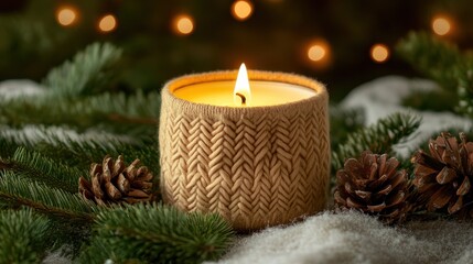 Burning candle with knitted cover surrounded by pine branches and cones is creating cozy atmosphere for christmas holidays. Festive copy space