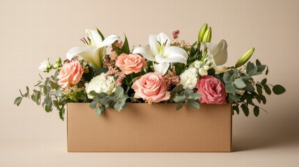 Fresh flowers arranged beautifully in a chocolate brown box with ample space for custom text. Generative AI