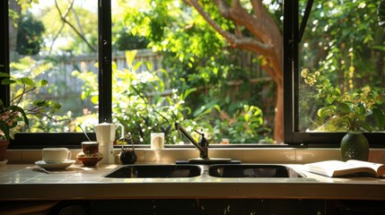 Fototapeta premium Serene Kitchen View: Sunlight Drenched Morning in Lush Garden
