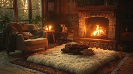 Cozy living room with fireplace, armchair, books, and warm lighting. (1)