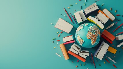 3D Earth surrounded by books and pens symbolizing global education.