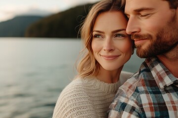 Fototapeta premium Mature couple embraces near serene lake during sunset, showcasing love and warmth in a minimalistic setting