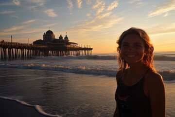 A young woman stands at the shore, smiling as the sun sets behind a large wooden pier. The waves...