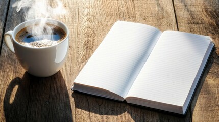Beginning moments steaming coffee cup next to a blank notebook on a wooden table inspiring creativity and reflection
