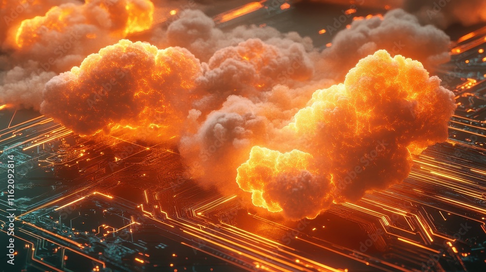 Poster digital cloud computing concept with glowing orange clouds on a futuristic circuit board background.
