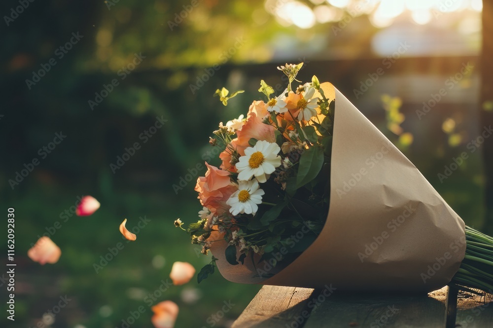 Poster beautiful kraft paper wrapped bouquet of flowers with a calming outdoor backdrop and soft afternoon 