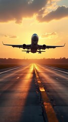 Fototapeta premium Commercial Airplane Taking Off at Sunset with Vibrant Colors