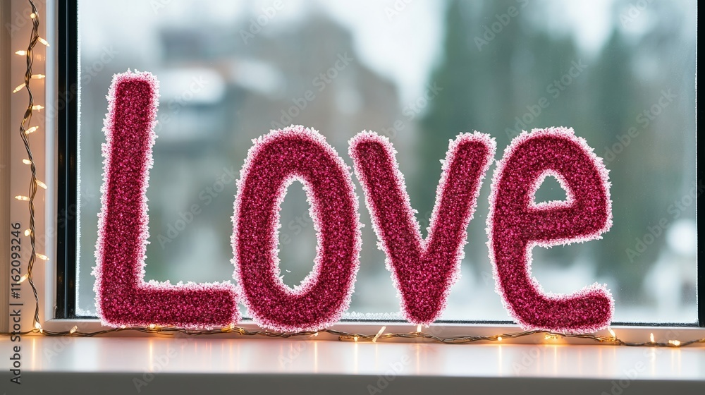 Poster a frosty windowpane with the word love drawn in the condensation, framed by string lights and warm p