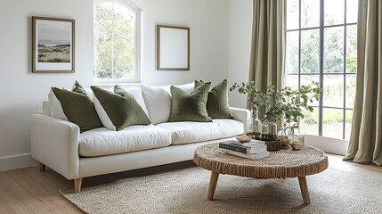 Modern living room interior design with white sofa, olive green pillows, jute rug, and round coffee table.