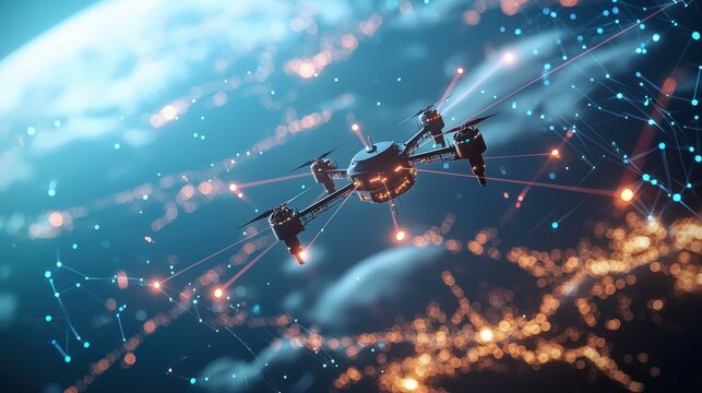 3D Earth with satellites and drones, symbolizing advanced technology.