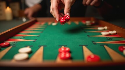 Fototapeta premium Player Rolling Dice on a Classic Backgammon Board in Action