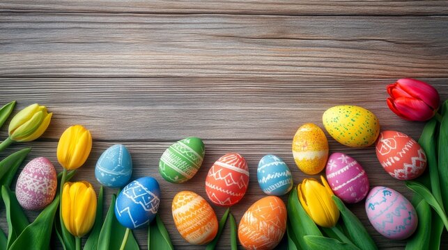 Easter holiday background featuring colorful easter eggs and fresh tulip flowers arranged on a rustic wooden table, perfect for seasonal celebrations and spring themes