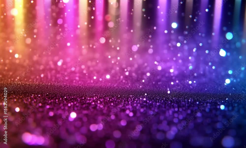 Poster rotating geometric shapes pulsating in grid with soft light rays shifting through rainbow colors