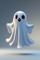 "Create a 3D-rendered image of an adorable cartoon-style ghost. The ghost should have a smooth, flowing white sheet-like body with rounded edges and two large, glossy black oval eyes..