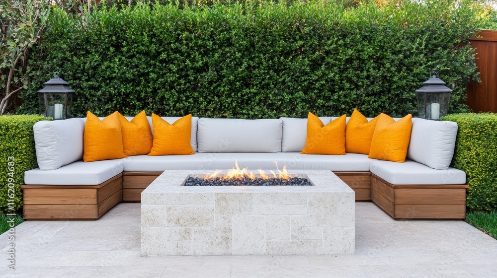 Poster backyard patio with built-in seating surrounding a rectangular fire pit, adorned with colorful outdo
