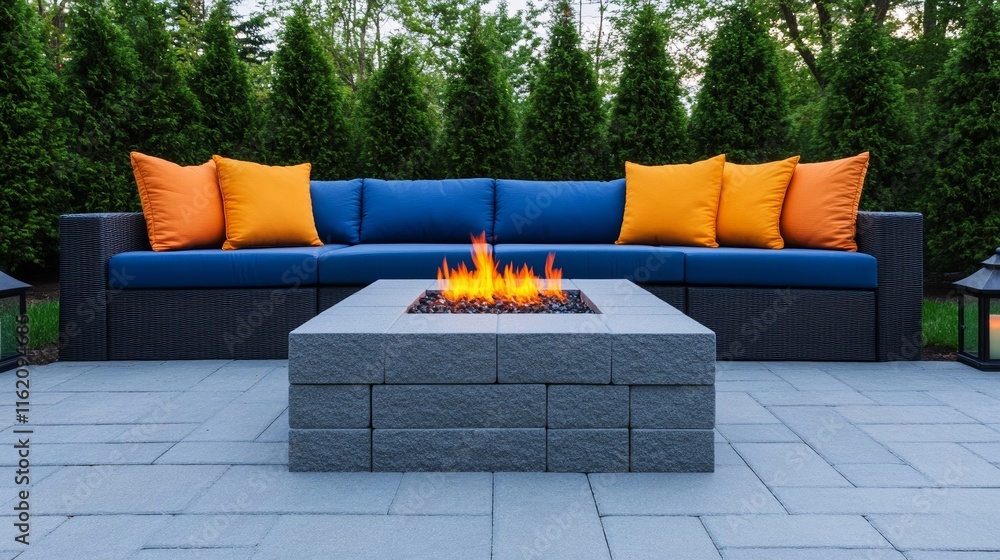 Poster backyard patio with built-in seating surrounding a rectangular fire pit, adorned with colorful outdo