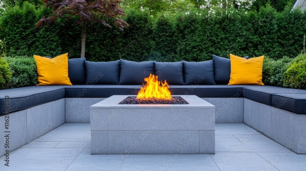 Poster backyard patio with built-in seating surrounding a rectangular fire pit, adorned with colorful outdo