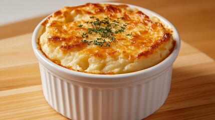 Classic shepherd's pie with golden mashed potato topping and a hearty meat and vegetable filling, garnished with fresh thyme, comforting and traditional 