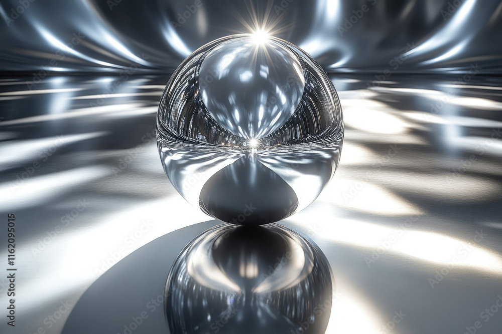 Poster a reflective silver sphere sits on a metallic surface, illuminated from within, creating a radiant, 