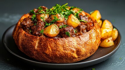 Guinness-infused beef stew served in a bread bowl, garnished with fresh herbs and a side of crispy roasted potatoes, hearty and flavorful 