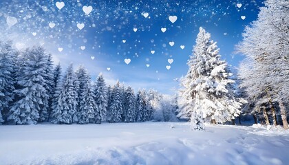 Fototapeta premium Romantic Winter Wonderland Snow Covered Forest Hearts Blue Sky