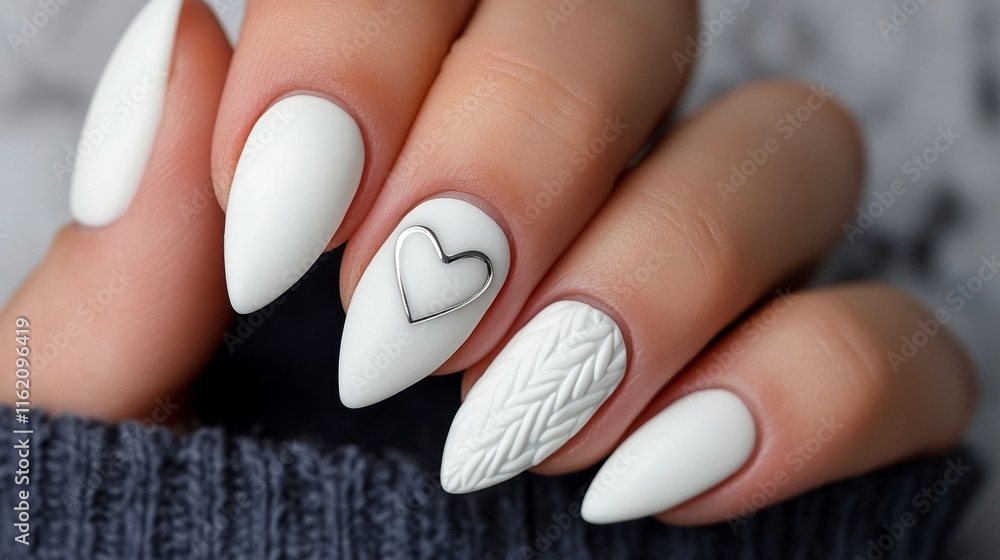 Poster matte white nails with a glossy heart-shaped design on the middle finger, creating a unique and text