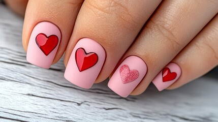Matte pink nails with glossy red heart outlines on the middle and ring fingers, creating a subtle yet romantic Valentine's look 