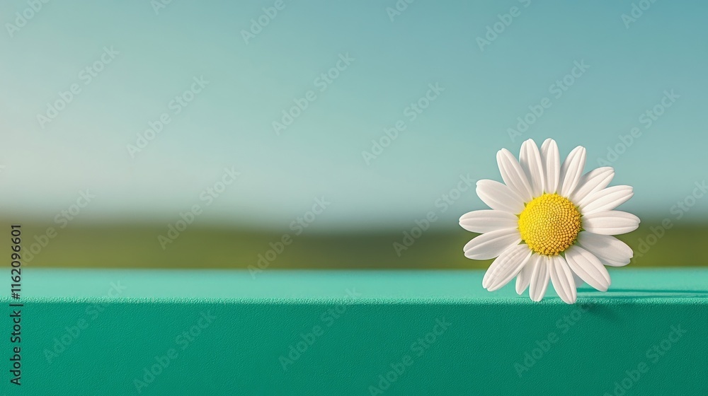 Poster minimalist march background with a single daisy resting on a soft mint green surface, simple and ele
