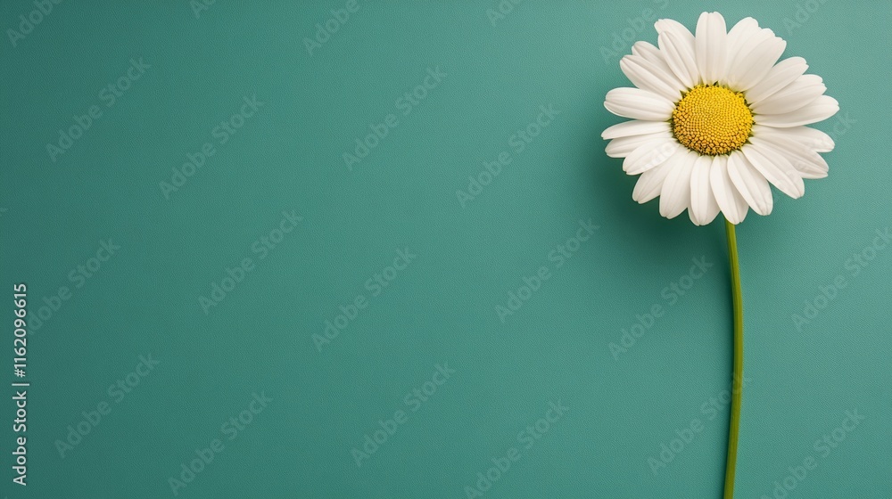 Poster minimalist march background with a single daisy resting on a soft mint green surface, simple and ele