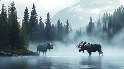 Two moose stand in a misty lake, mountains in the background.