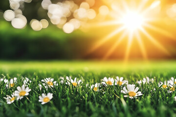 Fototapeta premium Sunny Daisies in Green Grass Background