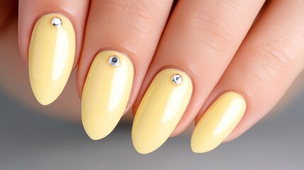 Pale yellow nails with a glossy finish and a tiny silver dot near the base of each nail, understated and cheerful for spring 