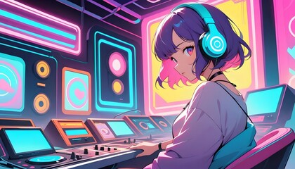 anime girl with headphones listening music