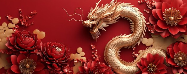 Fototapeta premium Elegant dragon coiled around red and gold paper flowers, set against a festive Chinese decoration background for the 2025 Lunar New Year celebration