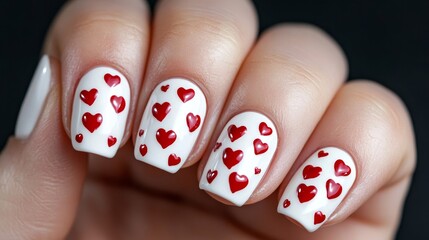 Short white nails with tiny red polka dots forming a heart shape on each ring finger, cute and playful Valentine's Day idea 