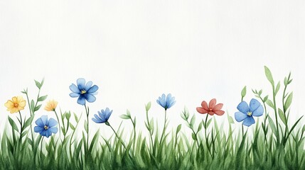 Soft watercolor painting of blooming flowers and fresh green grass, with warm sunlight creating a dreamy atmosphere perfect for March 