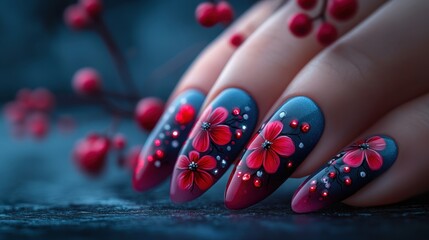 Close-up of elegant nails with red flower nail art design.