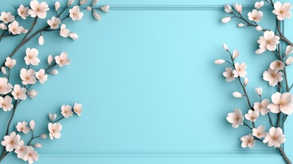 Soft pink cherry blossom branches framing the edges of a pale blue background, creating a tranquil and seasonal March vibe 
