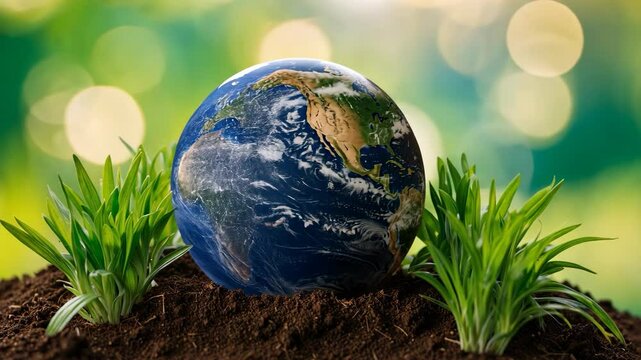Video footage of globe partially buried in soil, surrounded by green plants, symbolizing environmental conservation and the interconnectedness of nature