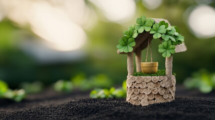 Tiny leprechaun trap shaped like a wishing well made from paper rolls and string, with a fake pot of gold dangling as bait, intricate and adorable 