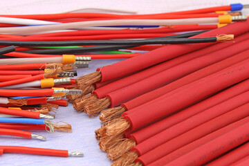 Electric copper stranded insulated mounting wires. Close-up. Soft focus. 