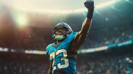American football player in helmet and blue uniform holding rugby ball and cheering celebrating victory
