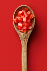 Diced tomatoes in wooden spoon on vibrant red background create fresh and appetizing look. Perfect for culinary presentations and food photography