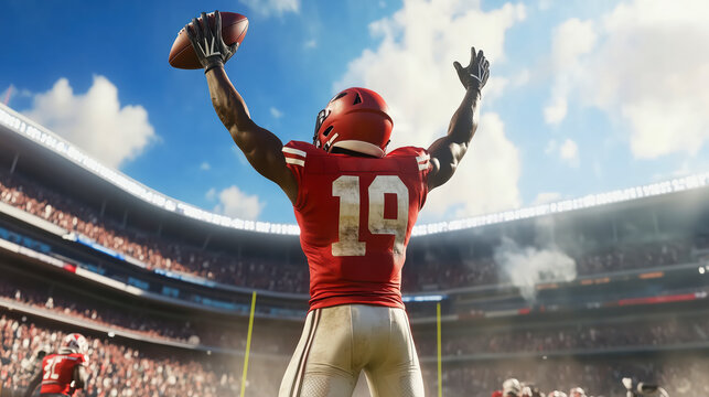 Muscular American football player in helmet and red uniform holding rugby ball and cheering celebrating victory
