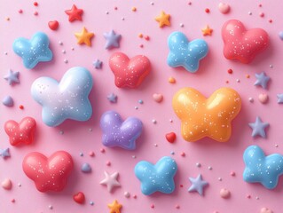 Obraz premium Colorful butterfly and star shapes on pink background.