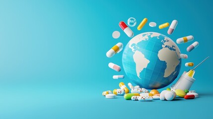 Naklejka premium 3D globe with holographic projections of medical advances and cultural icons