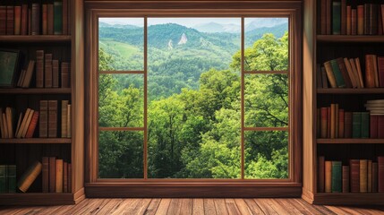 scenic bookshelf background interior home office library study window view of trees and hills backdrop. Rustic wood bookshelves in cozy room. Virtual online presentation teams meeting room background